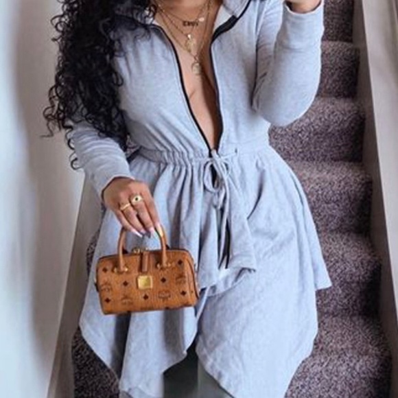 Casual zip up, cinch waist asymmetrical grey coat - Picture 2 of 16